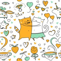 cats couple illustration. vector cartoon kitten animals icons set. seamless greetings symbols bakground. web stickers template. 