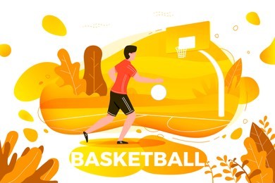 vector illustration - sporty man playing basketball. court, park, trees and hills on yellow autumn background. banner, site, poster template with place for your text.