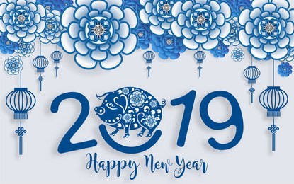 happy chinese new year 2019 zodiac sign with paper cut art porcelain and craft style on color background.(chinese translation : year of the pig)