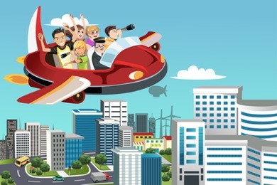 a vector illustration of a group of traveling people flying in an airplane