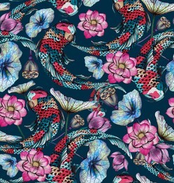 seamless pattern with carp, and lotuses. hand-drawn watercolor stock illustration with koi, and lotus flowers