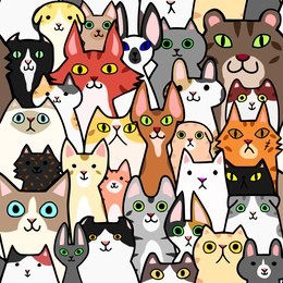 seamless doodle cats faces colorful background
