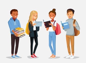 set of diverse college or university students holding and reading books. students different nationalities from different countries standing in line.  vector illustration. flat design