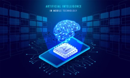 artificial intelligence in mobile technology concept, isometric illustration of smartphone with ai processor chip on sci-fi background.
