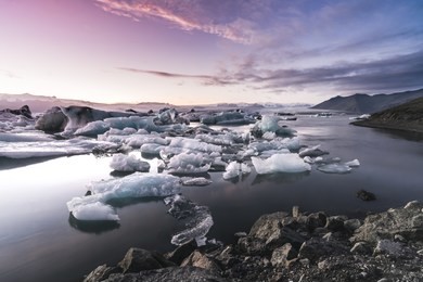 glacier at purple sunset in iceland