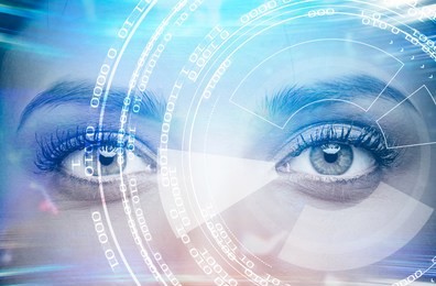 face of a young attractive woman with a glowing immersive interface hologram on it. concept of hi tech and sci fi. toned image double exposure mock up