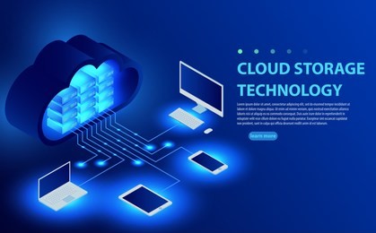 isometric cloud hosting network vector banner design. online computing storage 3d concept. smartwatch, computer, laptop, mobile phone objects. concepts cloud storage. synchronization and storage data.