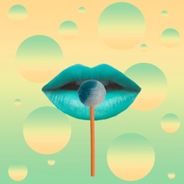lollipop on blue female lips.  contemporary art collage. concept of memphis style posters. abstract surrealism and minimalism