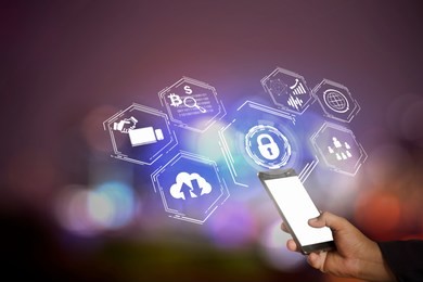 business people who use the phone white screen and have security applications, work, communicate online. modern communication system.