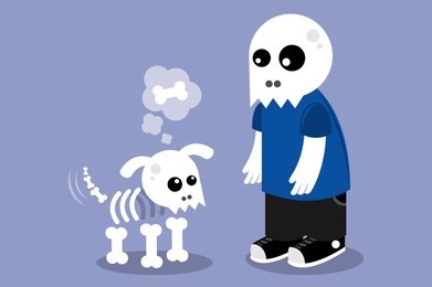 skeleton man and dog cartoon vector illustration
