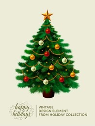 vintage christmas tree with xmas decorations - ornaments, stars, garlands, snowflakes, lamps. isolated. merry christmas and happy new year. happy holidays text and logo. vector illustration. eps10