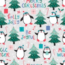 seamless pattern with cute pinguins, christmas elements and text merry christmas, be joyful, magic winter, holly jolly