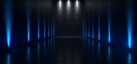 empty dark futuristic sci fi big hall room with lights and refelction surface 3d rendering illustration
