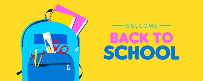 back to school web banner, colorful kid backpack illustration. student bag with class supplies and happy typography quote. eps10 vector.