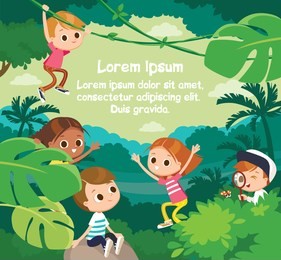 kids walking in jangle. vector illustration. flat design. 