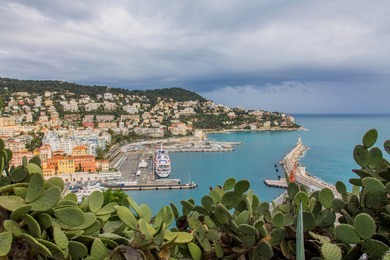 aerial view on port of nice and luxury yachts, french riviera, france