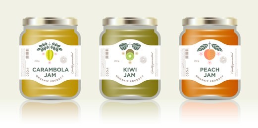 three jars with labels fruit jam. three jars mockup. carambola or star fruit, kiwi, peach jam packaging. premium design. the flat original illustrations on the minimalist labels.
