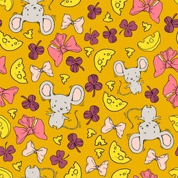 mouse print. seamless pattern with mice, pieces of cheese, leaves and bows. yellow background for children design