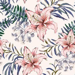 bouquets with pink lily flowers with dark blue leaves, light background. vector seamless pattern. romantic garden plants. elegant botanical illustration. textile design print.