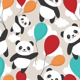 seamless panda pattern background, happy cute panda flying in the sky between colorful balloons and clouds, cartoon panda bears vector illustration for kids