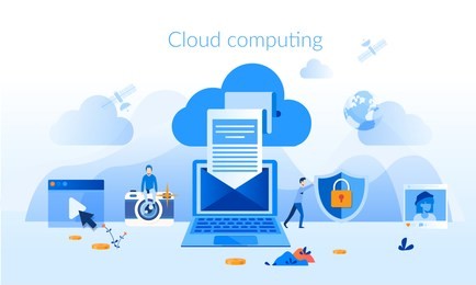 cloud computing concept for web page, banner, presentation, social media, documents, cards, posters. vector illustration devices connected onto a cloud data storage, web technology