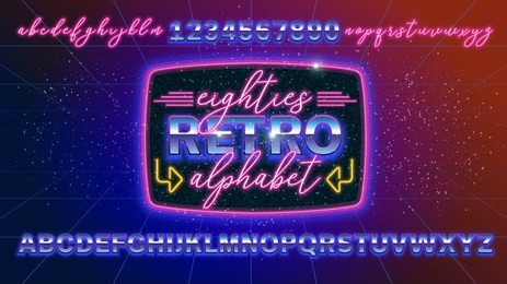80s, retro alphabet font banner or cover. old style vector poster. disco fluorescent neon style for eighties party. 1980 fashion background easy editable template for event.