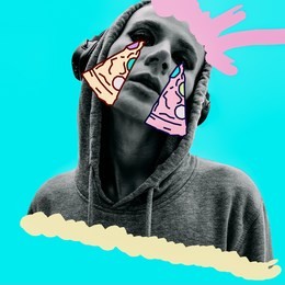 contemporary art collage. minimal concept.  pizza lover or game over