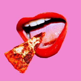 contemporary visual art collage. minimal concept.  pizza lover. pizza mouth