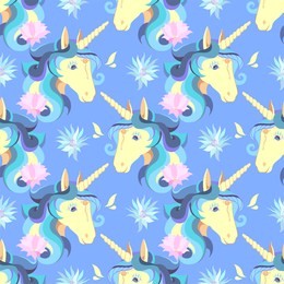 unicorns on a blue background.hand drawn illustration.seamless pattern.