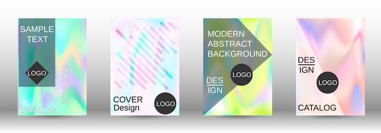 set for liquid. holographic abstract backgrounds. bright mesh blurred pattern in pink, blue, green tones. fashionable advertising vector in retro  for book, annual, mobile interface, web application.