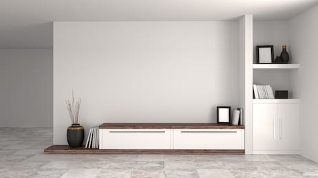 white wood modern cabinet in empty room interior background home designs 3d illustration ,shelves and books in front of wall empty wall objects home decoration