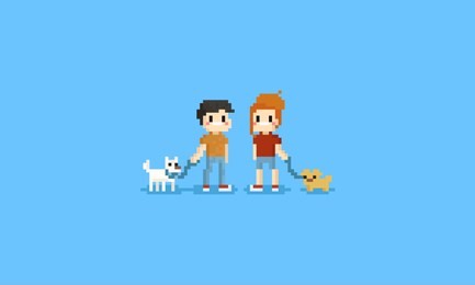 pixel man and woman holding them pet.pet lover.8bit character.