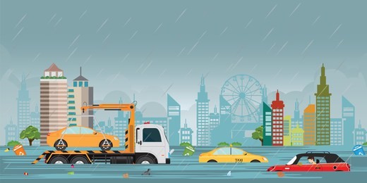 heavy rain drops and city flood on city view with cars and garbage floating in the water,vector illustration.