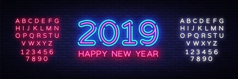 2019 happy new year neon text. 2019 new year design template for seasonal flyers and greetings card or christmas themed invitations. light banner. vector illustration. editing text neon sign