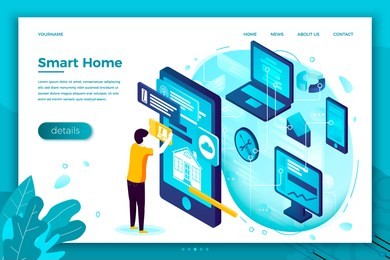 vector concept illustration -  phone application for intelligent building, with internet of things. modern bright banner, site template with place for your text.