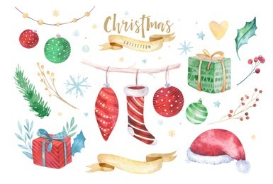 merry christmas and happy new year 2019 decoration winter set. watercolor holiday background. xmas element.