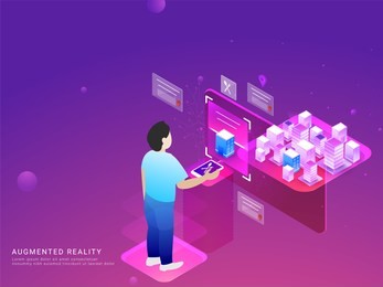 online food ordering, man order food with his smartphone, landing page design for augmented reality (ar) concept.