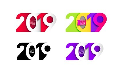 happy new year. set of 2019 number text design typography pattern. design for greeting poster and cards, calendars, banners, site, business card, covers. isolated vector illustration