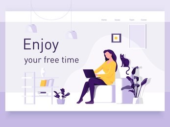 a girl sitting on the sofa works on the laptop. vector flat illustration. landing page template, cartoon style.