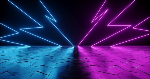 futuristic sci-fi thunderbolt shaped neon tube vibrant purple and blue glowing lights on reflective tilted rough concrete surface in dark room empty space 3d rendering illustration