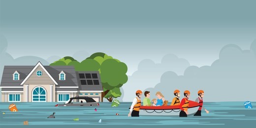 rescue team helping people by pushing a boat through a flooded road,  vector illustration.