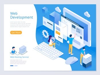 web design and development vector isometric illustrations.
