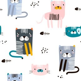 seamless childish pattern with funny cats. creative scandinavian kids texture for fabric, wrapping, textile, wallpaper, apparel. vector illustration
