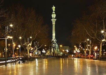 la rambla boulevard and columbus monument in barcelona. spain