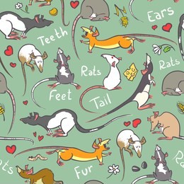 seamless pattern with fancy rat. domestic rodents background. cute line art domestic animals. vector illustration with coclorful rats