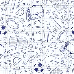 back to school seamless pattern doodle style. ballpoint pen drawing imitation. stationary hand drawn elements on crossed paper background. chalkboard, pens, pencils, eraser, sharpener, compasses etc.