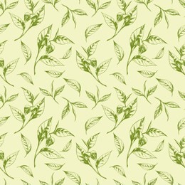 vector seamless pattern with green tea leaves. hand drawn botanical illustration in vintage style for print, wrapping, fabric and other seamless design. antioxidant and healthy drink.
