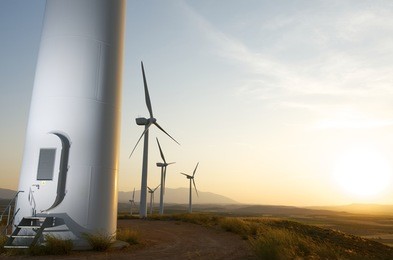 group of windmills for renewable electric energy production, fuendejalon, zaragoza, aragon, spain