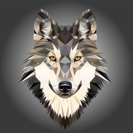 low poly triangular dog wild wolf face on grey background, symmetrical vector illustration eps 10 isolated.  polygonal style trendy modern logo design. suitable for printing on a t-shirt.