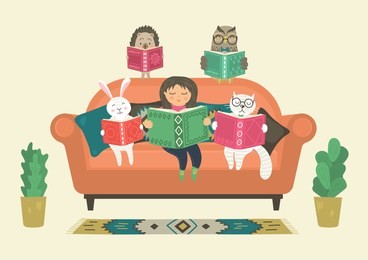 girl reading book with fantasy clever animals on sofa. fantasy world. original vector illustration.